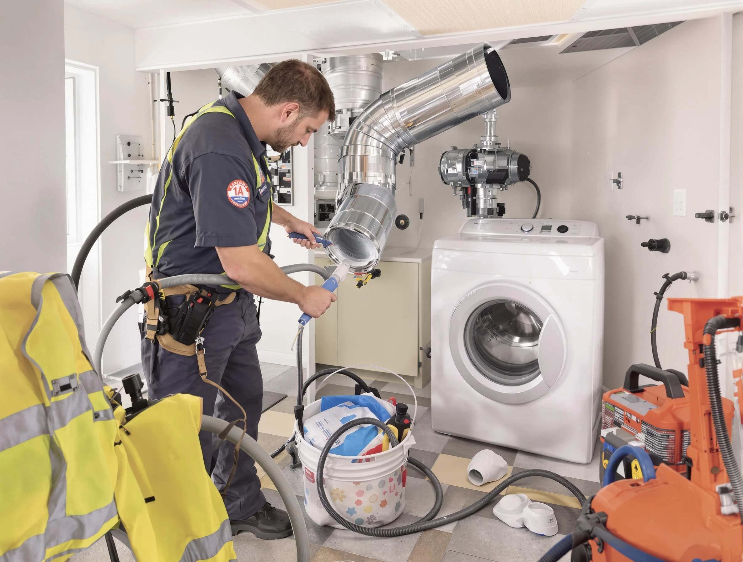 Queen Creek Dryer Vent Cleaning technician using specialized equipment to clear severe dryer vent blockage in Queen Creek