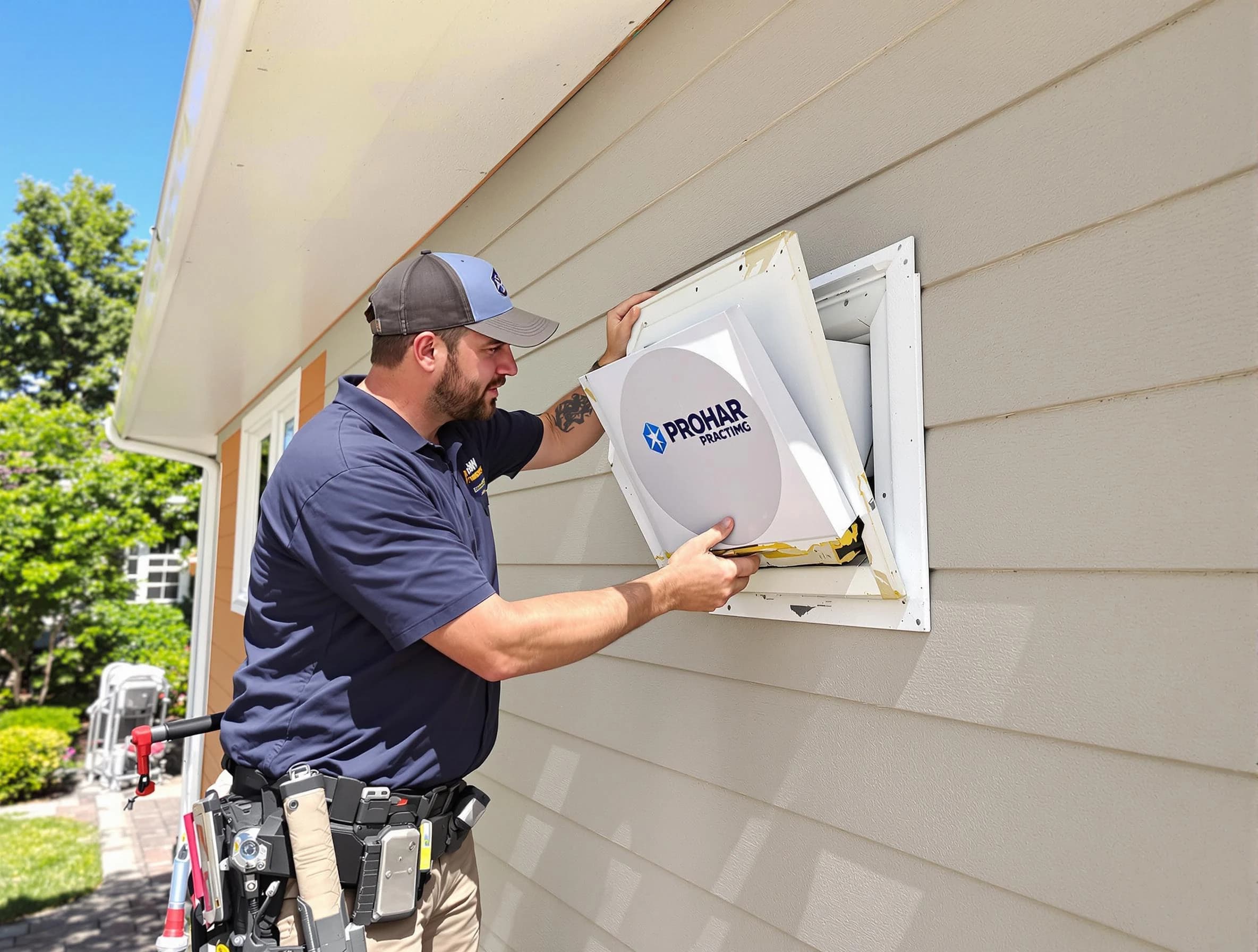 Queen Creek Dryer Vent Cleaning technician installing a new protective dryer vent cover on a home in Queen Creek