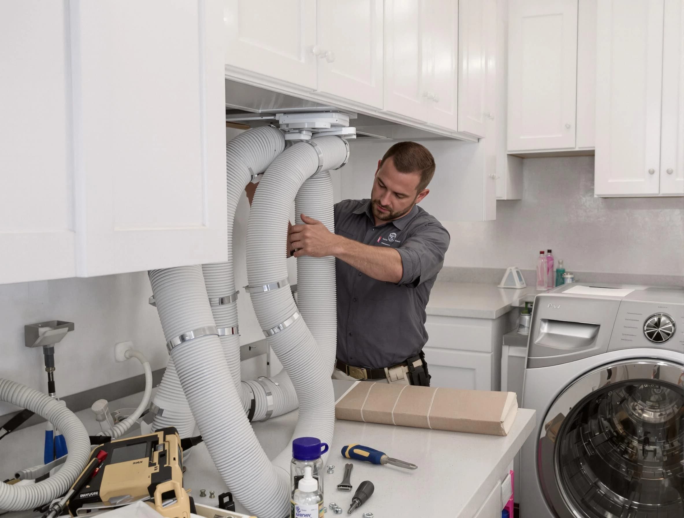 Queen Creek Dryer Vent Cleaning technician installing a new professional-grade dryer vent hose in Queen Creek