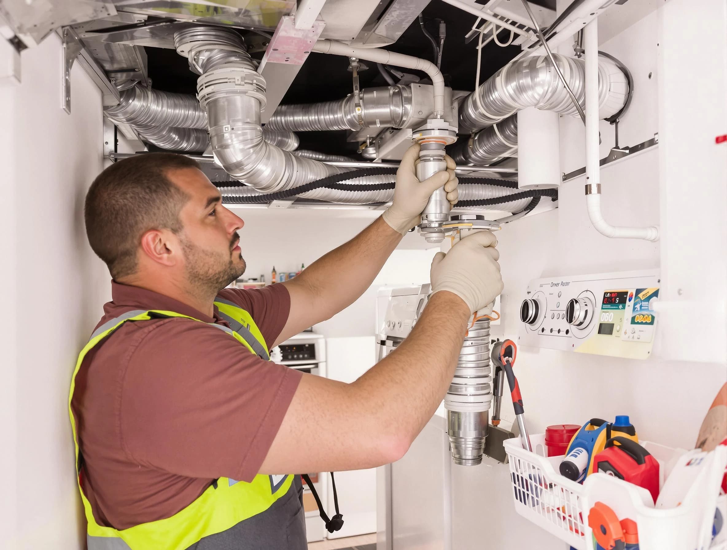 Queen Creek Dryer Vent Cleaning expert performing both repair and installation work on a dryer vent system in Queen Creek