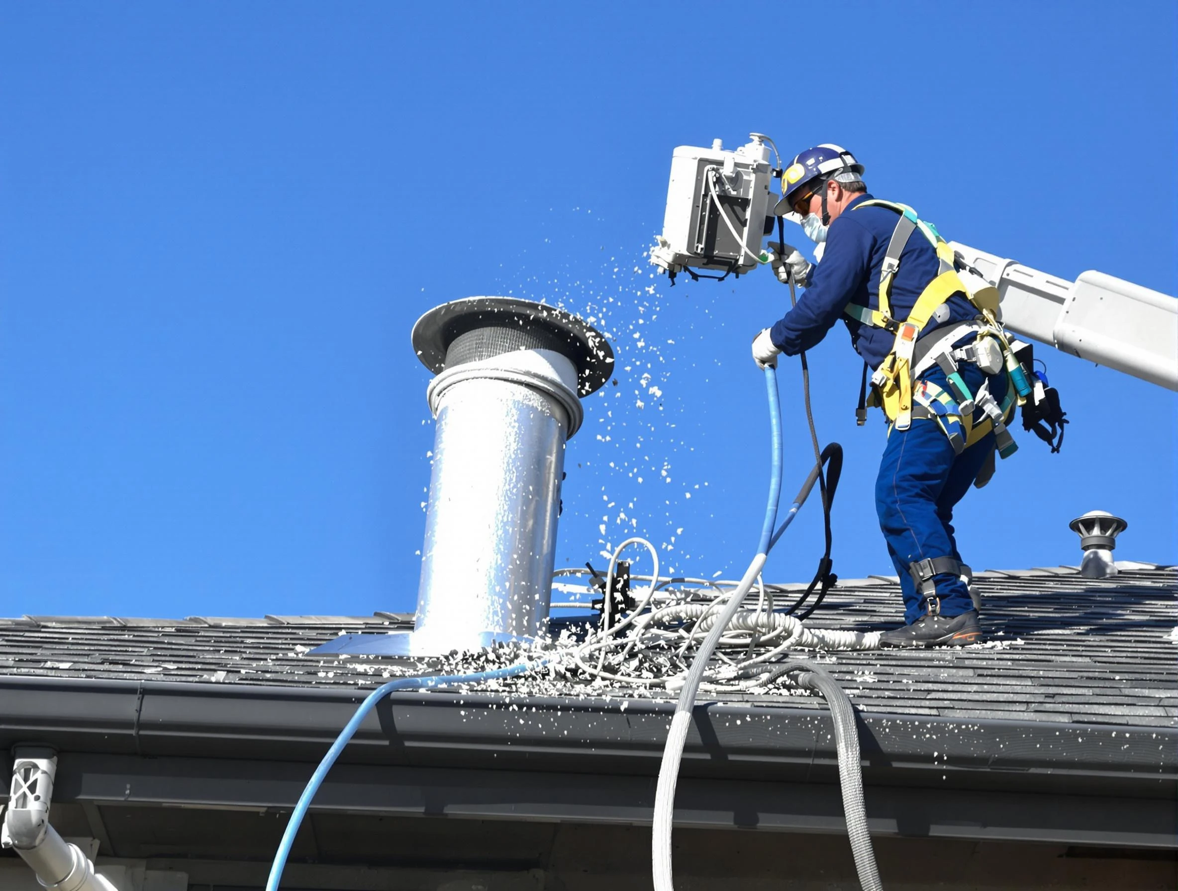 Queen Creek Dryer Vent Cleaning certified technician safely cleaning a roof-mounted dryer vent in Queen Creek