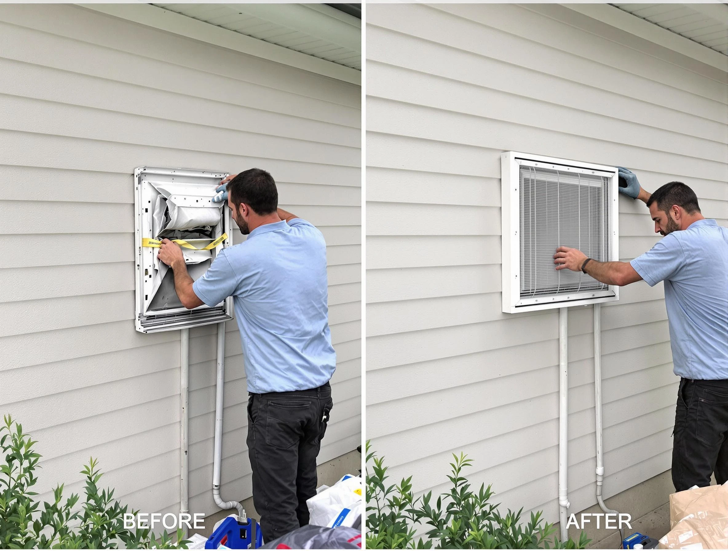 Queen Creek Dryer Vent Cleaning technician installing high-quality dryer vent cover at a residential property in Queen Creek